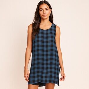 Eileen Fisher System Silk Buffalo Check Plaid Tunic Tank Top Black/Blue Size S